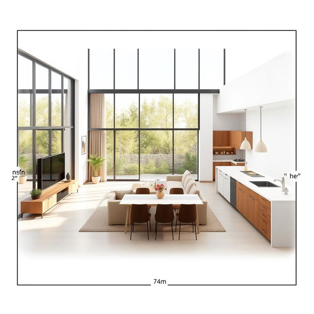 A layout plan for a living room with an integrated kitchen, designed in a spacious area of 7