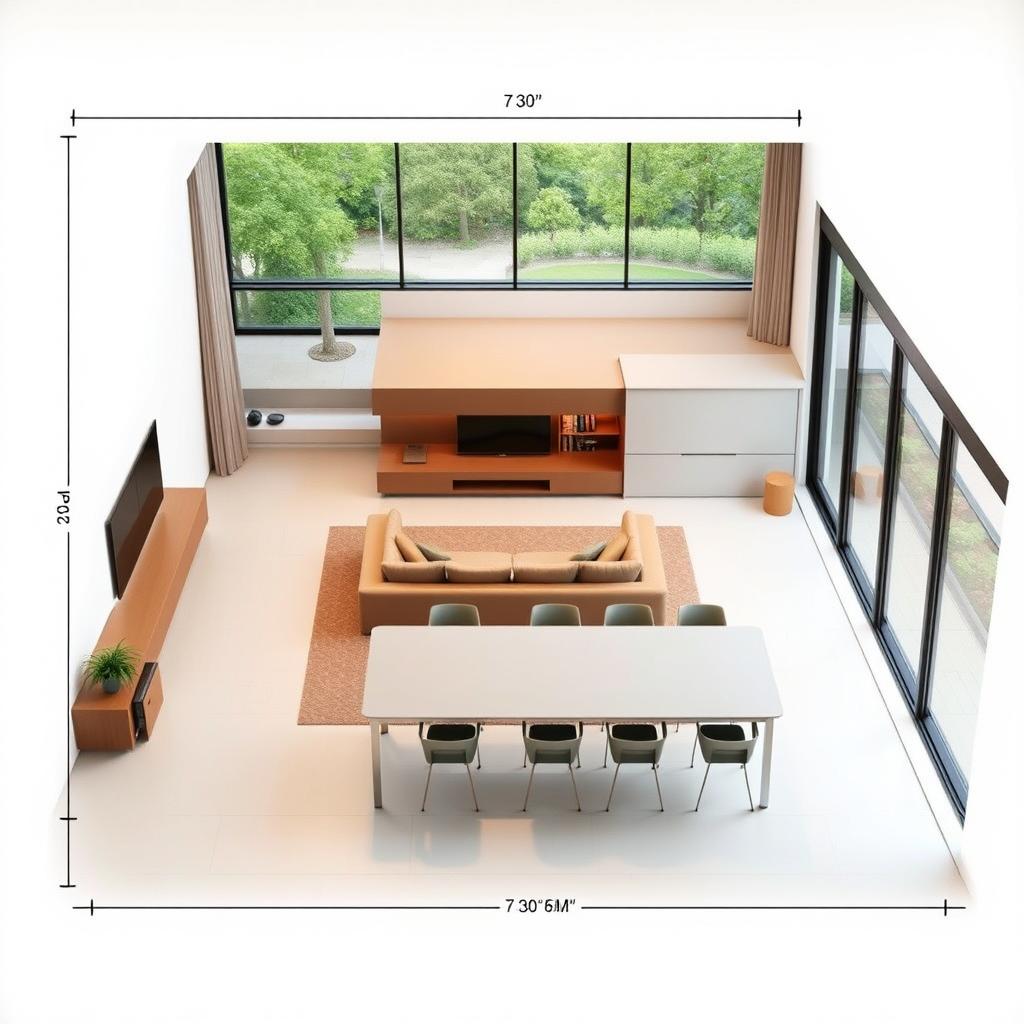 A layout plan for a living room with an integrated kitchen, designed in a spacious area of 7