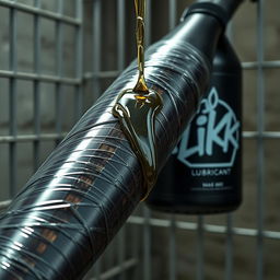 A close-up shot of a giant black baseball bat that is wrapped in transparent plastic