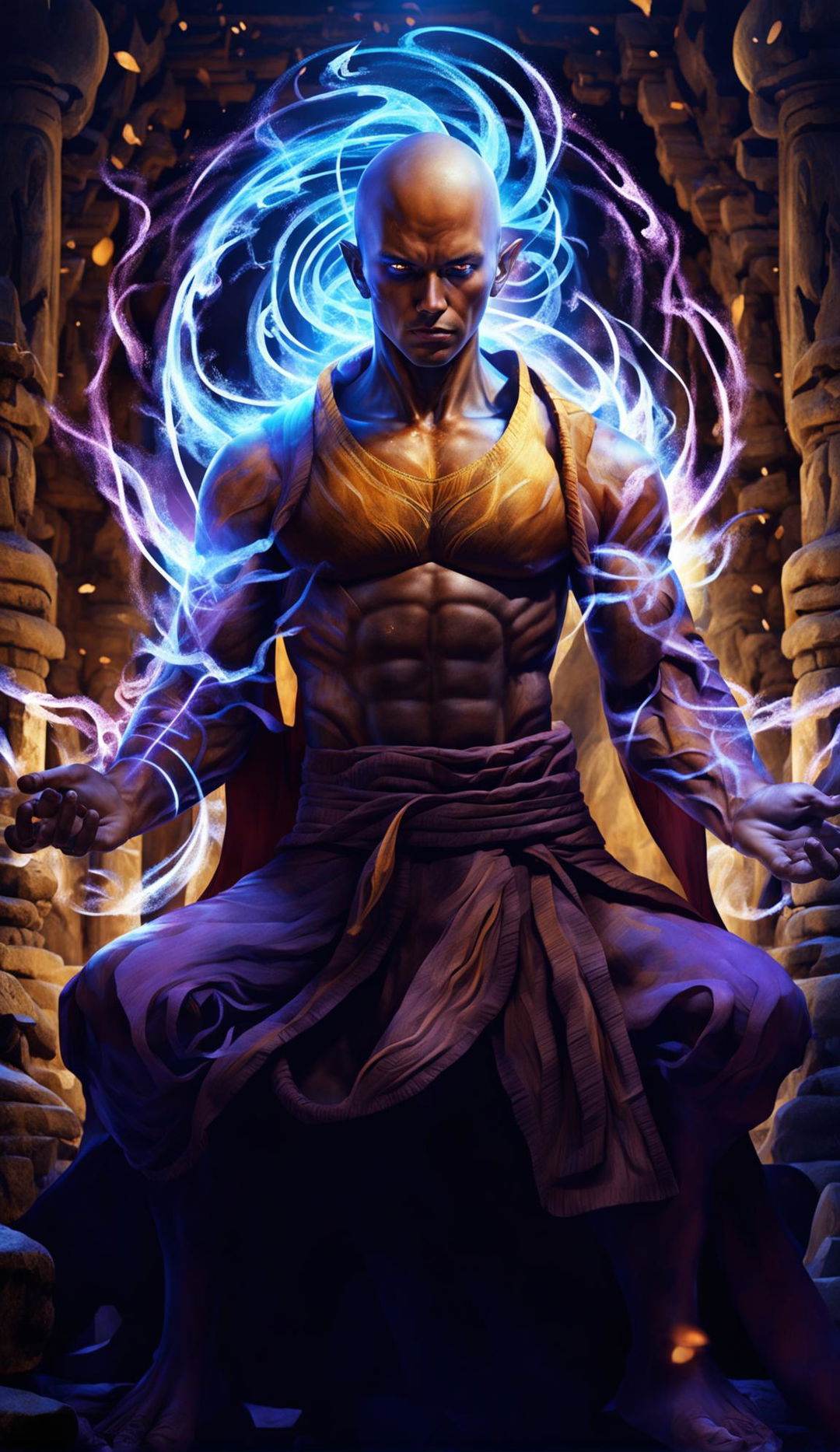 Ultra HD fantasy art portrait of a powerful monk commanding a radiant magic vortex, set against an exquisitely detailed ancient temple under dramatic, cinematic lighting.