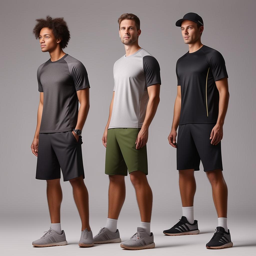 An athletic attire for an adult male, combining performance-enhancing design with comfort, including a breathable jersey, sport shorts, and matching sports shoes.