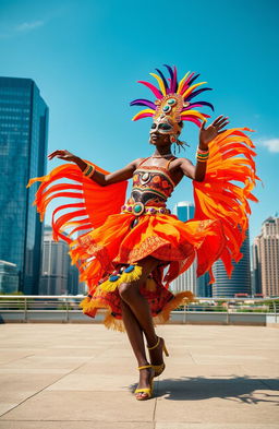 A vibrant and striking scene showcasing a dancing African female masquerade in colorful traditional attire