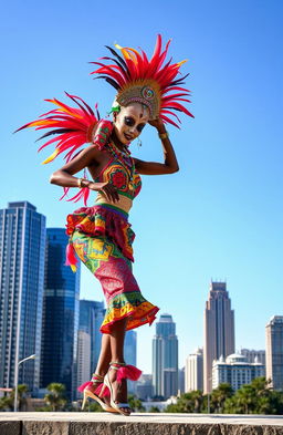 A vibrant and striking scene showcasing a dancing African female masquerade in colorful traditional attire