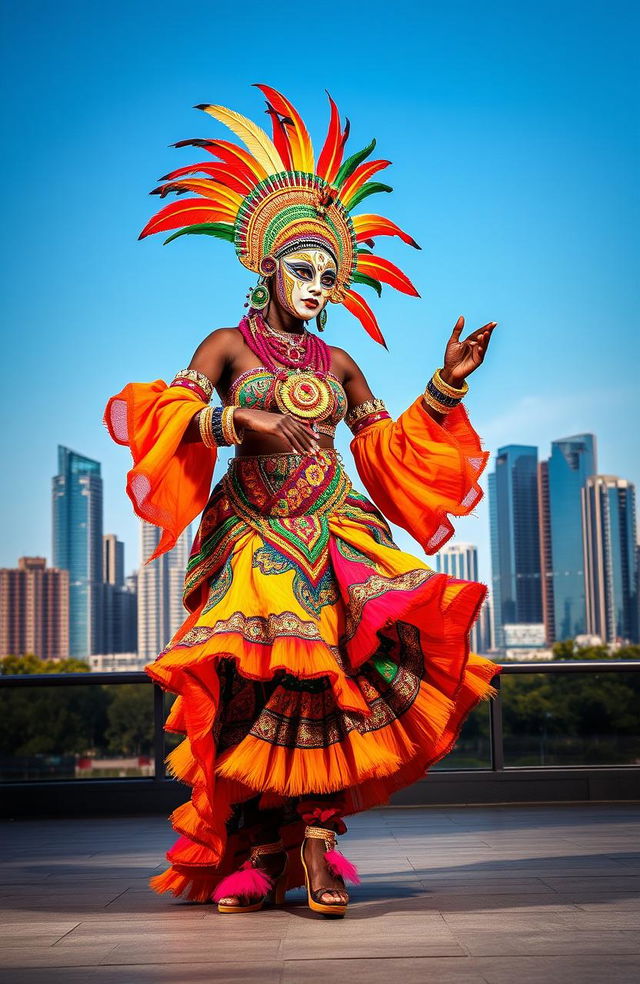 A vibrant and striking scene showcasing a dancing African female masquerade in colorful traditional attire