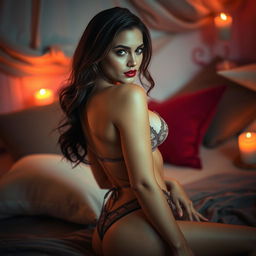 A sultry and alluring scene featuring an attractive woman in a seductive pose, wearing elegant lingerie that accentuates her curves, with soft ambient lighting creating a warm, inviting atmosphere