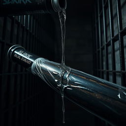 A huge black baseball bat wrapped in plastic, positioned inside a dimly lit prison cell
