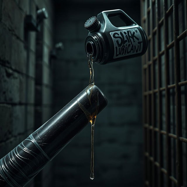 A huge black baseball bat wrapped in plastic, positioned inside a dimly lit prison cell