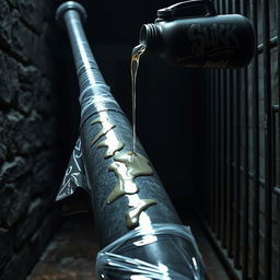 A huge black baseball bat wrapped in plastic, positioned inside a dimly lit prison cell