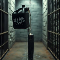 A huge black baseball bat wrapped in plastic, positioned inside a dimly lit prison cell