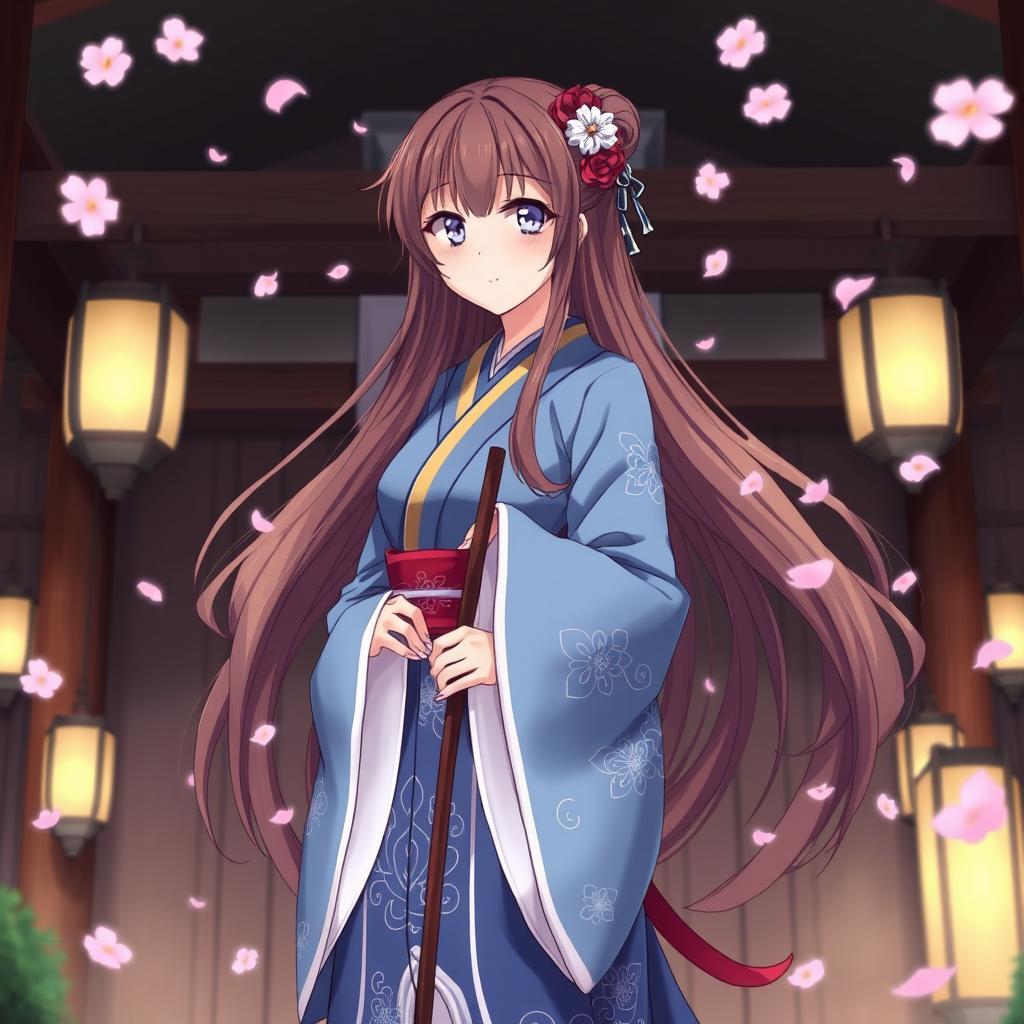 An elegant anime Shinto priestess with long, flowing brown hair, wearing a beautiful blue robe adorned with traditional patterns