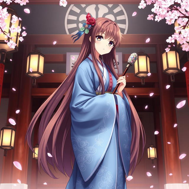 An elegant anime Shinto priestess with long, flowing brown hair, wearing a beautiful blue robe adorned with traditional patterns