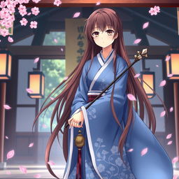 An elegant anime Shinto priestess with long, flowing brown hair, wearing a beautiful blue robe adorned with traditional patterns