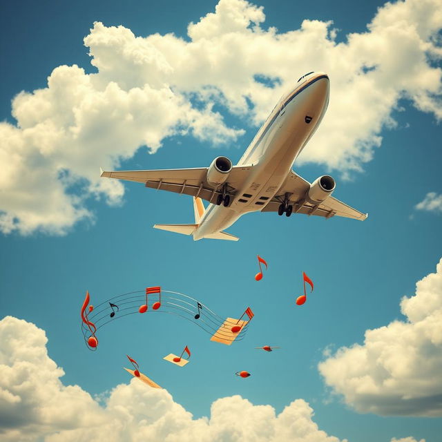 A dramatic and vibrant scene featuring an airplane soaring through a bright blue sky, surrounded by fluffy white clouds