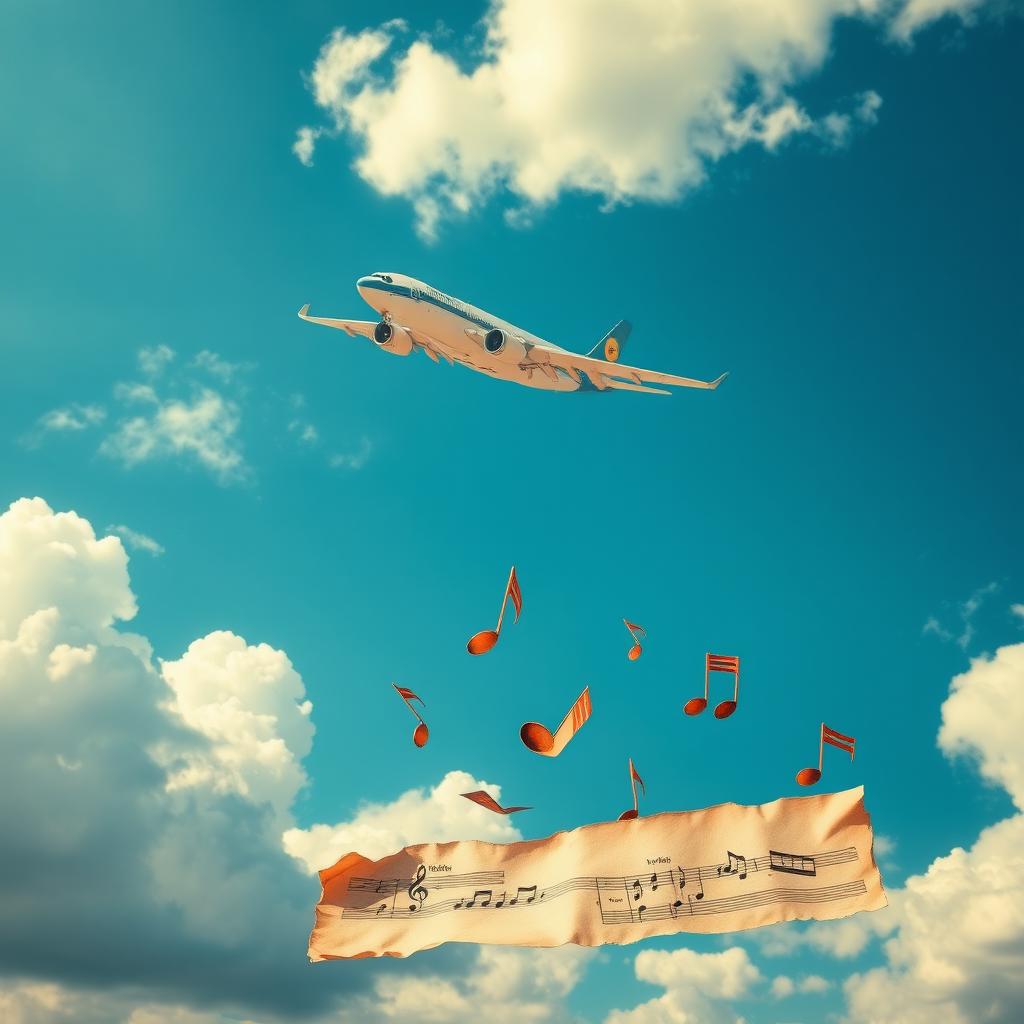 A dramatic and vibrant scene featuring an airplane soaring through a bright blue sky, surrounded by fluffy white clouds