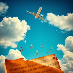A dramatic and vibrant scene featuring an airplane soaring through a bright blue sky, surrounded by fluffy white clouds