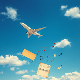 A dramatic and vibrant scene featuring an airplane soaring through a bright blue sky, surrounded by fluffy white clouds