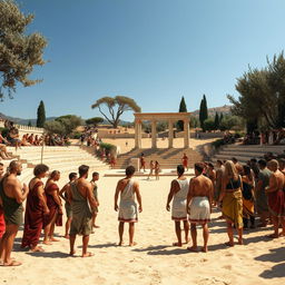 A picturesque scene depicting the ancient origins of the Olympic Games in Olympia, Greece