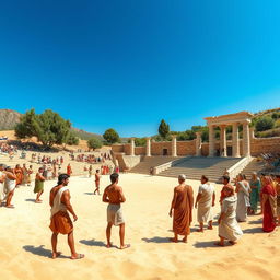 A picturesque scene depicting the ancient origins of the Olympic Games in Olympia, Greece