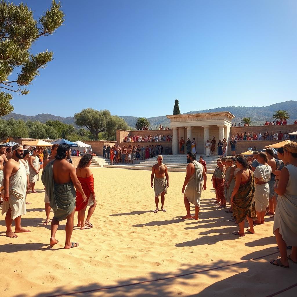 A picturesque scene depicting the ancient origins of the Olympic Games in Olympia, Greece