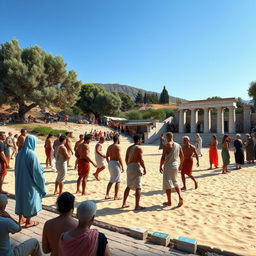 A picturesque scene depicting the ancient origins of the Olympic Games in Olympia, Greece