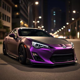 A stunning showcase of a modified Toyota GT86, featuring a matte dark purple body that exudes an air of elegance and mystery