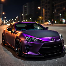 A stunning showcase of a modified Toyota GT86, featuring a matte dark purple body that exudes an air of elegance and mystery