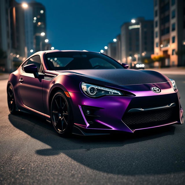 A stunning showcase of a modified Toyota GT86, featuring a matte dark purple body that exudes an air of elegance and mystery