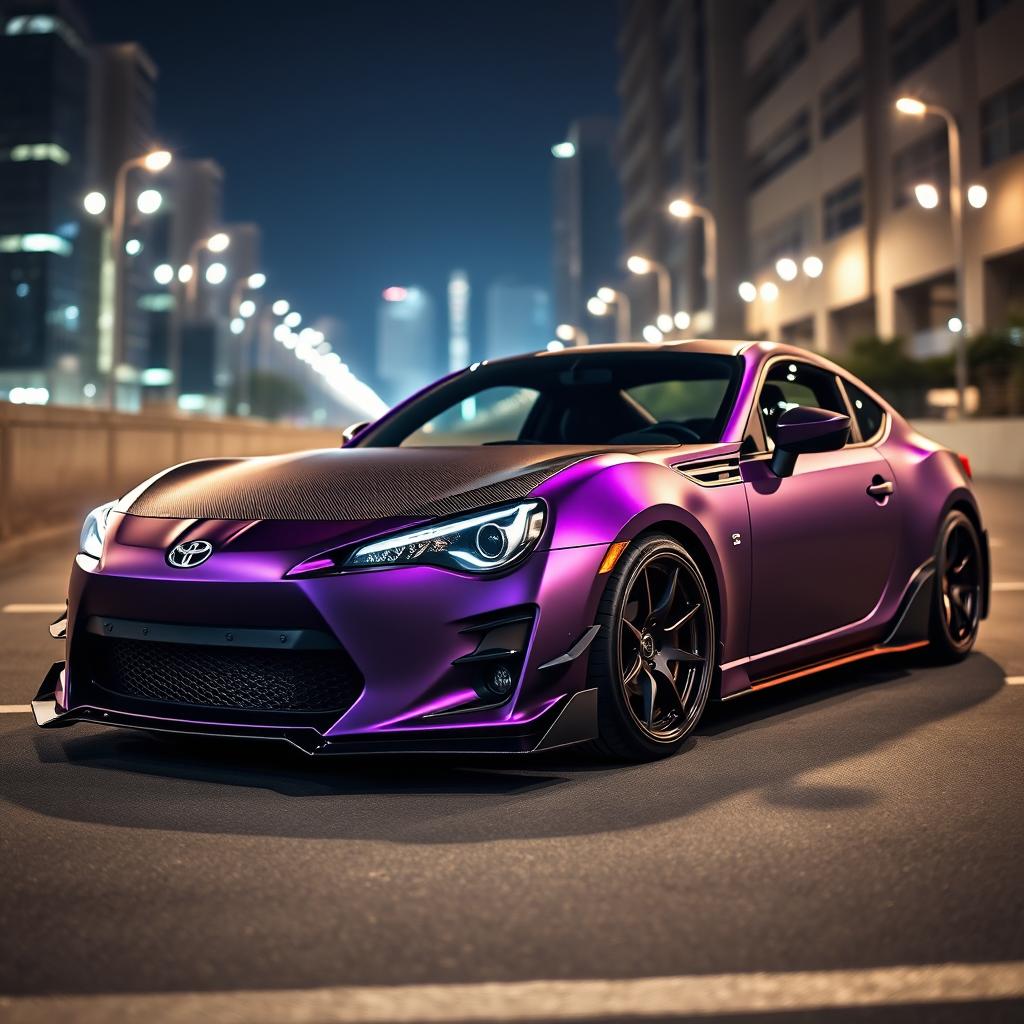 A stunning showcase of a modified Toyota GT86, featuring a matte dark purple body that exudes an air of elegance and mystery