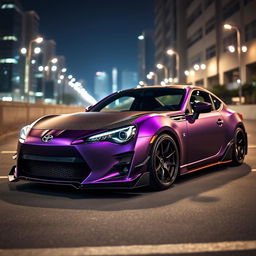 A stunning showcase of a modified Toyota GT86, featuring a matte dark purple body that exudes an air of elegance and mystery