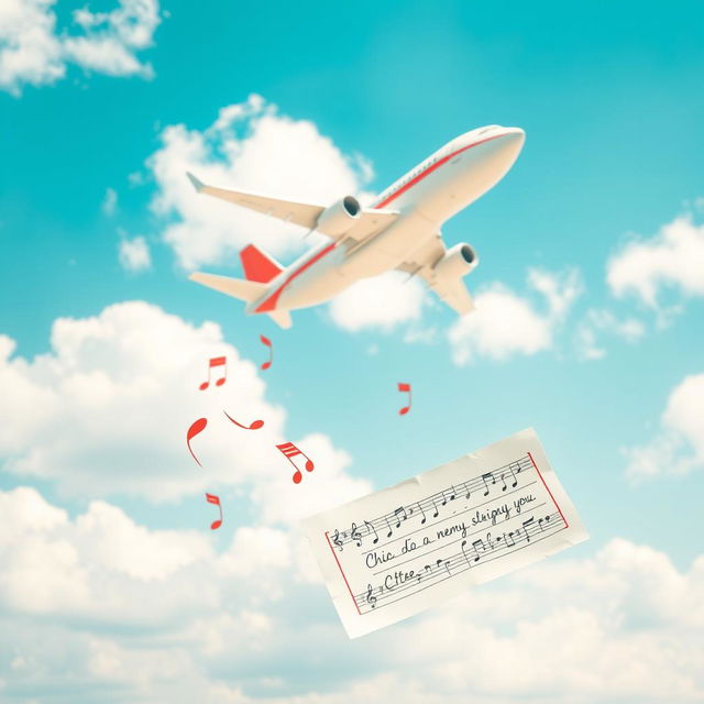 A vibrant scene depicting an airplane flying through a bright blue sky with fluffy white clouds