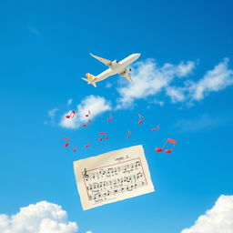 A vibrant scene depicting an airplane flying through a bright blue sky with fluffy white clouds