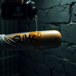 A massive black baseball bat wrapped in transparent plastic, positioned in a dimly lit prison cell