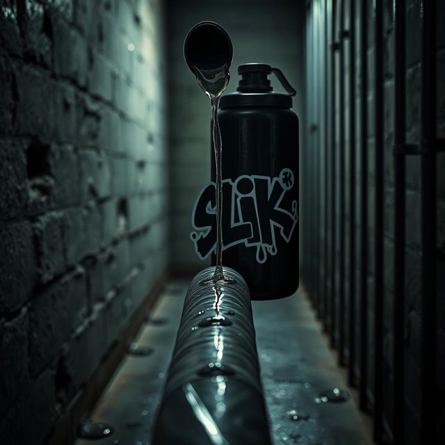 A massive black baseball bat wrapped in transparent plastic, positioned in a dimly lit prison cell