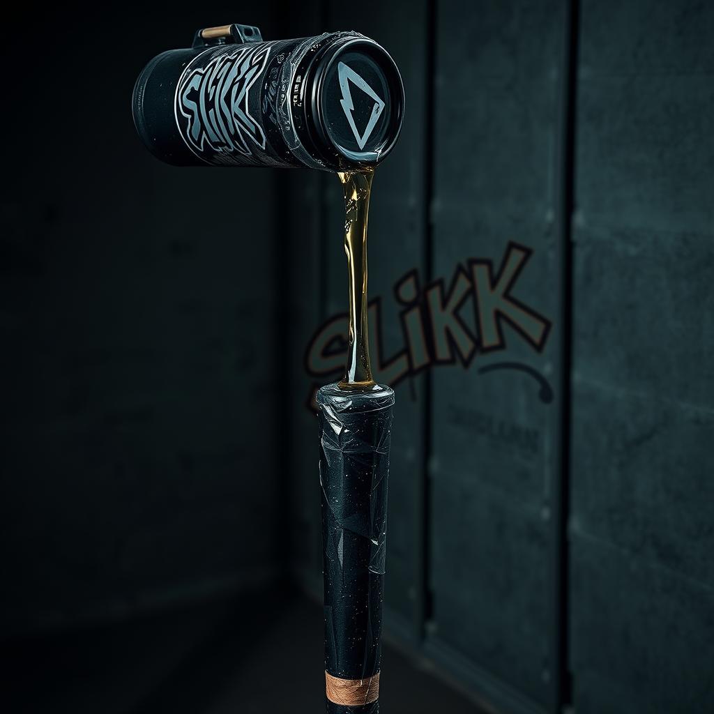 A massive black baseball bat wrapped in transparent plastic, positioned in a dimly lit prison cell