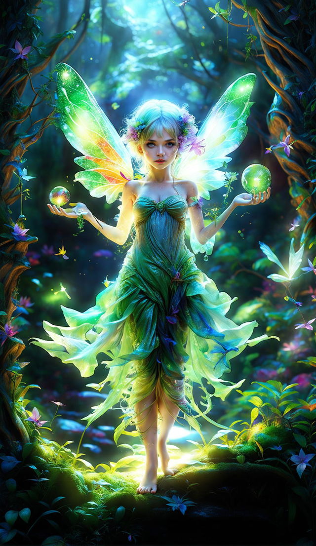 Ultra HD fantasy art portrait of a beautiful fairy girl amidst a vibrant enchanted forest under magical, ethereal lighting.