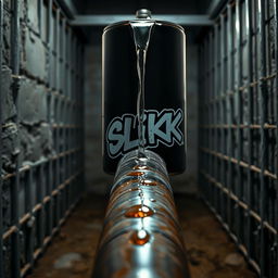 A massive black baseball bat wrapped in transparent plastic, positioned in a dimly lit prison cell