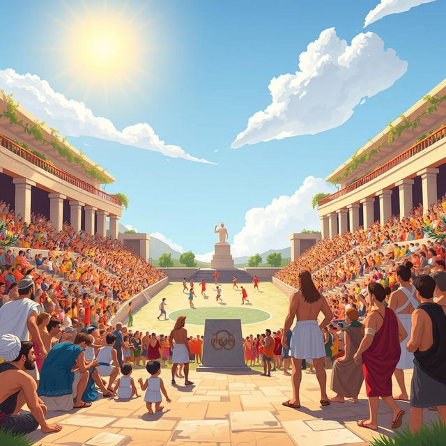 A vibrant illustration capturing the ancient beginnings of the Olympic Games in Olympia, Greece