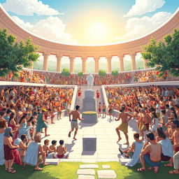 A vibrant illustration capturing the ancient beginnings of the Olympic Games in Olympia, Greece