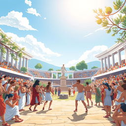 A vibrant illustration capturing the ancient beginnings of the Olympic Games in Olympia, Greece