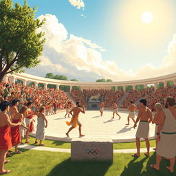 A vibrant illustration capturing the ancient beginnings of the Olympic Games in Olympia, Greece