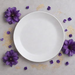 Minimalistic table design adorned with purple flowers and sprinkled with glitter, as viewed from directly above.