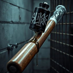 A huge black baseball bat wrapped in plastic, with clear oil pouring over the tip from a large black lube container featuring a bold 'SLiKK' graffiti logo