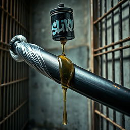 A huge black baseball bat wrapped in plastic, with clear oil pouring over the tip from a large black lube container featuring a bold 'SLiKK' graffiti logo