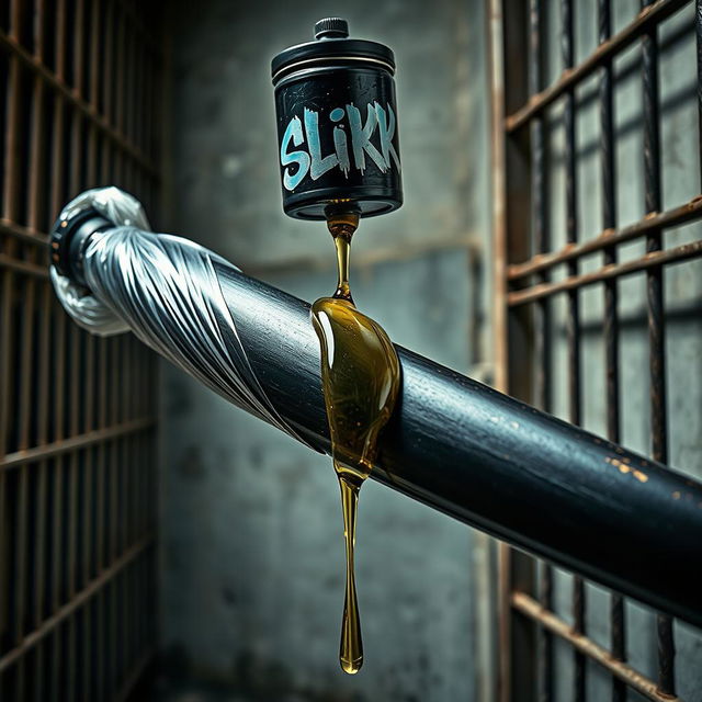 A huge black baseball bat wrapped in plastic, with clear oil pouring over the tip from a large black lube container featuring a bold 'SLiKK' graffiti logo