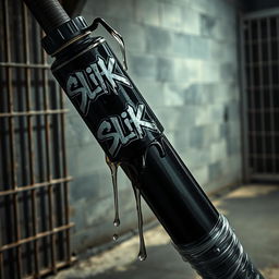 A huge black baseball bat wrapped in plastic, with clear oil pouring over the tip from a large black lube container featuring a bold 'SLiKK' graffiti logo