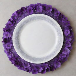 Minimalistic table design adorned with purple flowers and sprinkled with glitter, as viewed from directly above.