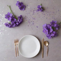 Minimalistic table design adorned with purple flowers and sprinkled with glitter, as viewed from directly above.