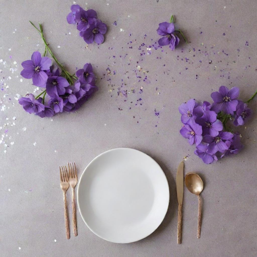 Minimalistic table design adorned with purple flowers and sprinkled with glitter, as viewed from directly above.