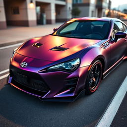 A stunning representation of a modified Toyota GT86, featuring a matte metallic dark purple body that radiates a sleek and modern vibe