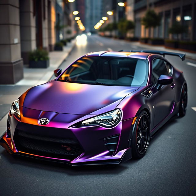 A stunning representation of a modified Toyota GT86, featuring a matte metallic dark purple body that radiates a sleek and modern vibe